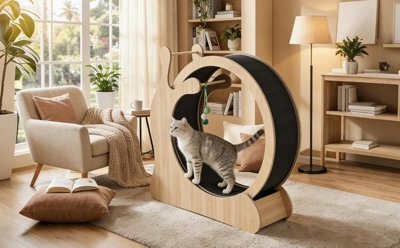 London Boutique Silent Cat Exercise Wheel For Indoor Cats, Wooden Treadmill With Removable Carpet, Scratching Board, Play Balls - image 1