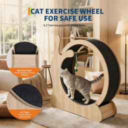 London Boutique Silent Cat Exercise Wheel For Indoor Cats, Wooden Treadmill With Removable Carpet, Scratching Board, Play Balls - thumbnail 4