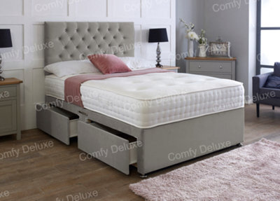 Comfy Deluxe 5Ft King Grey  Plush Velvet Pocket Divan Bed & Chesterfield Headboard 4 Drawers