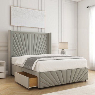 Bsspoke Nola Divan Bed Set Silver Plush Velvet 54Inch Headboard & Footboard Mattress & 2 Drawers Footend In 4Ft 4Ft6 5Ft 6Ft - image 1