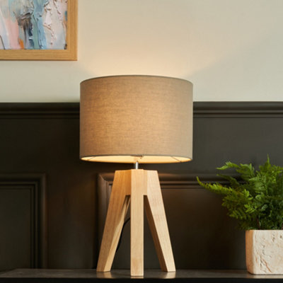 Litecraft Devlin Wooden Tripod Table Lamp With Taupe Shade - image 1