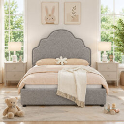 Btm 3Ft Kids Scalloped Upholstered Bed, Curved Headboard, Padded Platform Bed, Linen Light Grey - thumbnail 5