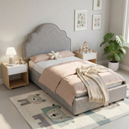 Btm 3Ft Kids Scalloped Upholstered Bed, Curved Headboard, Padded Platform Bed, Linen Light Grey - thumbnail 4