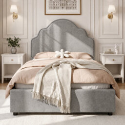 Btm 3Ft Kids Scalloped Upholstered Bed, Curved Headboard, Padded Platform Bed, Linen Light Grey - thumbnail 1
