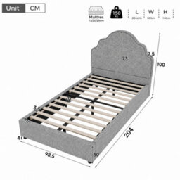 Btm 3Ft Kids Scalloped Upholstered Bed, Curved Headboard, Padded Platform Bed, Linen Light Grey - thumbnail 7
