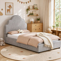 Btm 3Ft Kids Scalloped Upholstered Bed, Curved Headboard, Padded Platform Bed, Linen Light Grey - thumbnail 6
