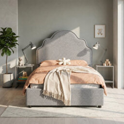 Btm 3Ft Kids Scalloped Upholstered Bed, Curved Headboard, Padded Platform Bed, Linen Light Grey - thumbnail 3