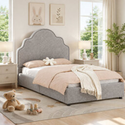 Btm 3Ft Kids Scalloped Upholstered Bed, Curved Headboard, Padded Platform Bed, Linen Light Grey - thumbnail 2