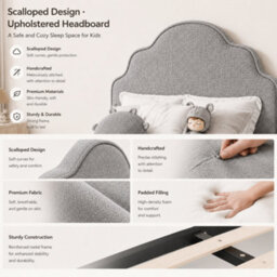 Btm 3Ft Kids Scalloped Upholstered Bed, Curved Headboard, Padded Platform Bed, Linen Light Grey - thumbnail 9