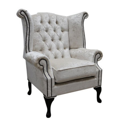 Chesterfield High Back Wing Chair Modena Oyster Velvet Fabric In Queen Anne Style - image 1