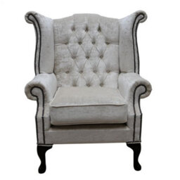 Chesterfield High Back Wing Chair Modena Oyster Velvet Fabric In Queen Anne Style - thumbnail 2