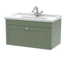 Nuie Classique Wall Hung 1 Drawer Vanity Unit & 1 Tap Hole Fireclay Basin, Stylish Sink Vanity Unit In Satin Green With White - thumbnail 4