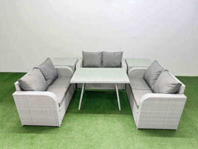 Fimous Rattan Garden Furniture Dining Set 6-Seater Patio Rectangular Table Love Sofa Set With 2 Side Tables - image 1