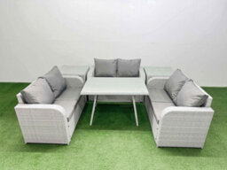 Fimous Rattan Garden Furniture Dining Set 6-Seater Patio Rectangular Table Love Sofa Set With 2 Side Tables - thumbnail 1