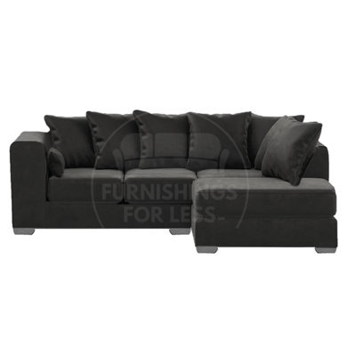 Furnishings For Less UK Ella Boxed Arm Plush Velvet 3 To 4 Seater L Shaped Corner Sofa  Black Right Hand Facing