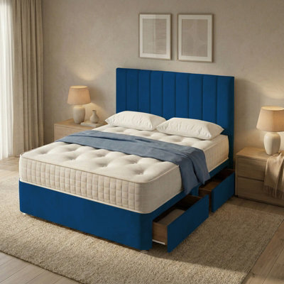 "Adore Designs Portland Plush Velvet Divan Bed, 50"" Headboard & Mattress - 4Ft6 Double - Blue - 2 Drawers Same Side" - image 1