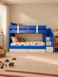 Blue Low Single Staircase Bunk Bed With Wardrobe, Shelves And Drawers With Luxury Memory Pocket Mattresses - thumbnail 1