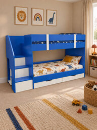 Blue Low Single Staircase Bunk Bed With Wardrobe, Shelves And Drawers With Luxury Memory Pocket Mattresses - thumbnail 4