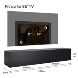 Elegant Floating Tv Stand Cabinet, Black Wall-Mounted Tv Unit With Drop-Down Door, 200X40X30Cm - thumbnail 2