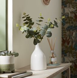 Candlelight Green 25Cm Eucalyptus Stems Artificial Plant In Natural Ceramic Bottle Vase - thumbnail 3