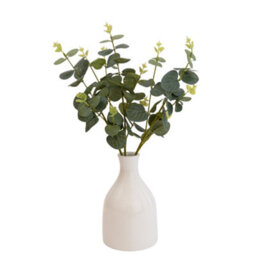 Candlelight Green 25Cm Eucalyptus Stems Artificial Plant In Natural Ceramic Bottle Vase
