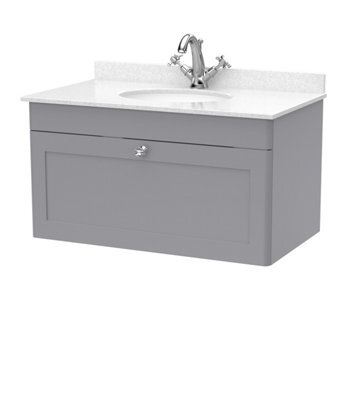 Balterley Swynnerton Traditional 1 Drawer Wall Hung Vanity Unit With Marble Basin, Satin Grey, 800mm - image 1