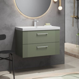 Balterley Belvide Partial Fluted 2 Drawer Wall Hung Vanity Unit With 1 Tap Hole Thin-Edge Basin- 800mm - Satin Green - thumbnail 4