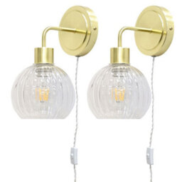 First Choice Lighting Set Of 2 Toby - Satin Brass Plug In Wall Lights Clear Ribbed Shades - thumbnail 1
