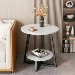 Marble Effect Side Table Round Coffee Table Sofa End Table Living Room Bedroom - thumbnail 3