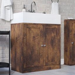 Urbn-Living Urbnliving 3Pcs Rustic Brown Wood Bathroom Unit Under Sink Cabinet Mirror Cupboard Toilet Paper Dispenser Set - thumbnail 4