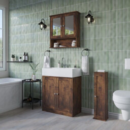 Urbn-Living Urbnliving 3Pcs Rustic Brown Wood Bathroom Unit Under Sink Cabinet Mirror Cupboard Toilet Paper Dispenser Set - thumbnail 1