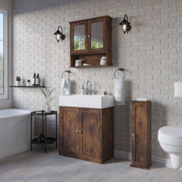 Urbn-Living Urbnliving 3Pcs Rustic Brown Wood Bathroom Unit Under Sink Cabinet Mirror Cupboard Toilet Paper Dispenser Set - thumbnail 2
