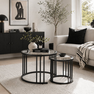 Wyld Haus Kane Set Of 2 Black Round Nesting Tables With Tempered Glass Tops And Carbon Steel Frames - image 1