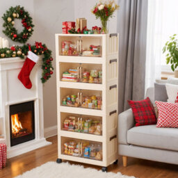 Living And Home Cream-Colored Five-Tier Plastic Storage Cabinet With Wheels, 53.3Cm W X 23Cm D X 123.5Cm H - thumbnail 2