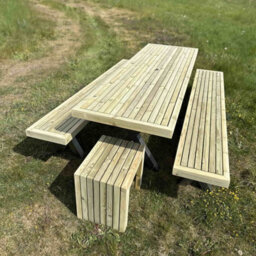 Timber Foundry Wooden Garden Dining Set With Steel X Legs Set 6- 8 Seater Full Set Table  2 Benches  2 Stools - thumbnail 1