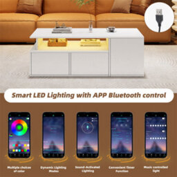 Abrihome White High-Gloss Coffee Table With Led Lighting & 2 Drawers, Sofa Side Table, Open Storage, 100X50X35Cm - thumbnail 2