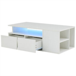 Abrihome White High-Gloss Coffee Table With Led Lighting & 2 Drawers, Sofa Side Table, Open Storage, 100X50X35Cm - thumbnail 6