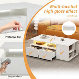 Abrihome White High-Gloss Coffee Table With Led Lighting & 2 Drawers, Sofa Side Table, Open Storage, 100X50X35Cm - thumbnail 3
