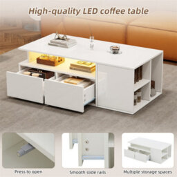 Abrihome White High-Gloss Coffee Table With Led Lighting & 2 Drawers, Sofa Side Table, Open Storage, 100X50X35Cm - thumbnail 4