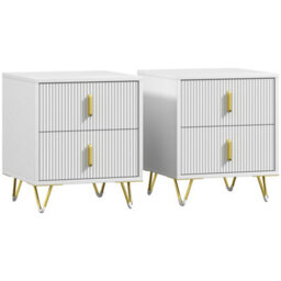 Homcom Modern Nightstand, Set Of 2 Fluted Bedside Table For Bedroom, White - thumbnail 2