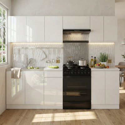 Heze Furniture Summer 7 Unit Handleless Kitchen Cabinets Set 240Cm In White Gloss - image 1