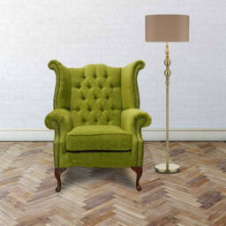 Chesterfield High Back Wing Chair Citrus Green Fabric In Queen Anne Style - thumbnail 1