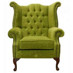 Chesterfield High Back Wing Chair Citrus Green Fabric In Queen Anne Style - thumbnail 2