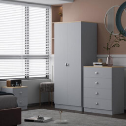 Fwstyle Matt Grey 2 Door Double Wardrobe Oak Effect Top