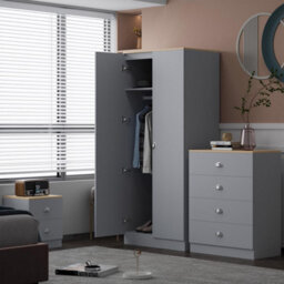 Fwstyle Matt Grey 2 Door Double Wardrobe Oak Effect Top - thumbnail 3