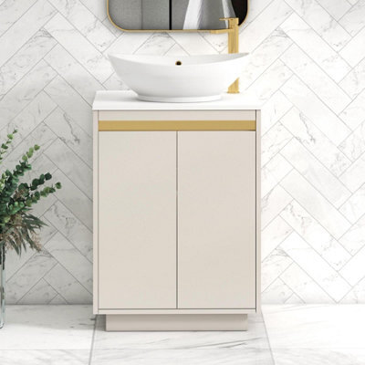 Royal Bathrooms Orion 600mm Warm Taupe Floor Standing Plain White Countertop Vanity Unit 2 Door With Amaze Basin & Brushed Brass Accent Trim - image 1