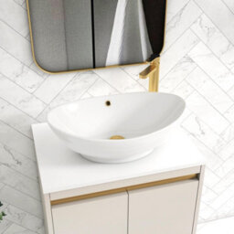 Royal Bathrooms Orion 600mm Warm Taupe Floor Standing Plain White Countertop Vanity Unit 2 Door With Amaze Basin & Brushed Brass Accent Trim - thumbnail 5