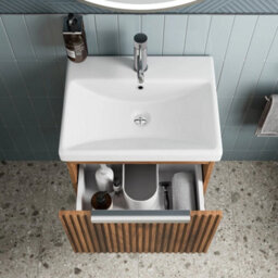 Fluted 500mm Bathroom Vanity Unit Basin Wall Hung Cupboard Soft Close Walnut - thumbnail 5