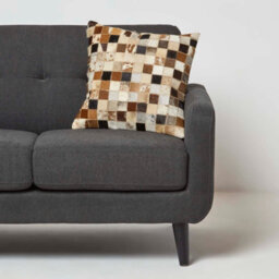 Homescapes Small Block Check Brown & Cream Leather Cushion 45 X 45 Cm - thumbnail 2