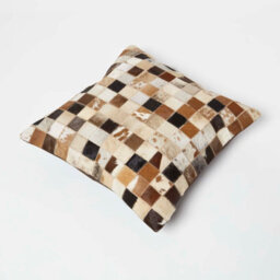 Homescapes Small Block Check Brown & Cream Leather Cushion 45 X 45 Cm - thumbnail 5